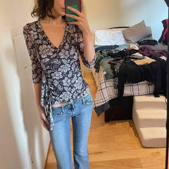 Black and White Floral Wrap Blouse - Picture 1 of 4